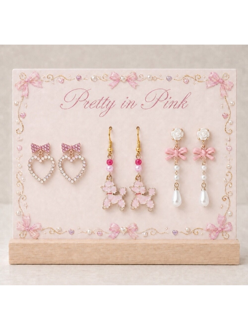 Pretty in Pink Hearts Poodles Bows Sweet Trio Earring Set